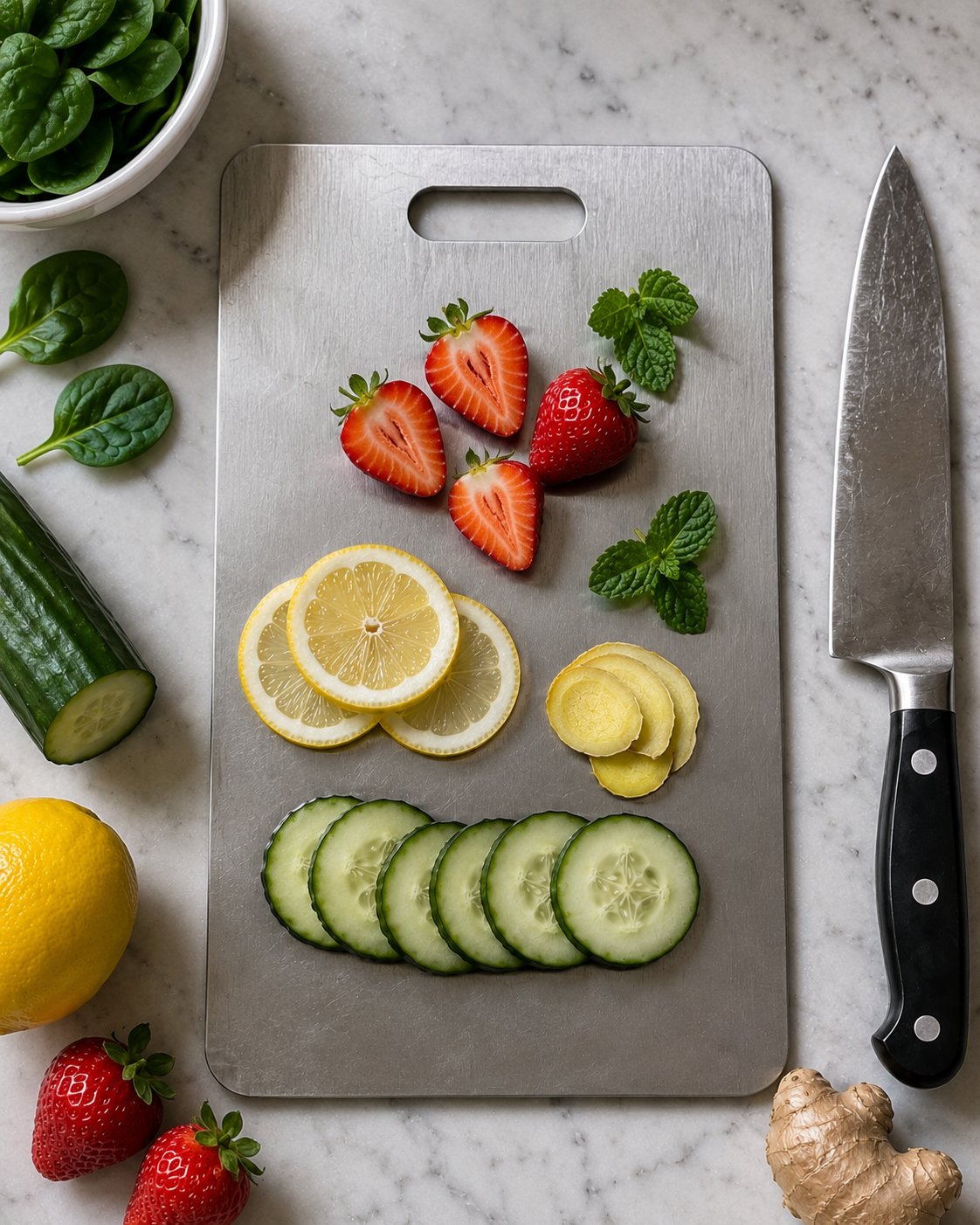 KatuChef titanium cutting board styled for healthy meal preparation